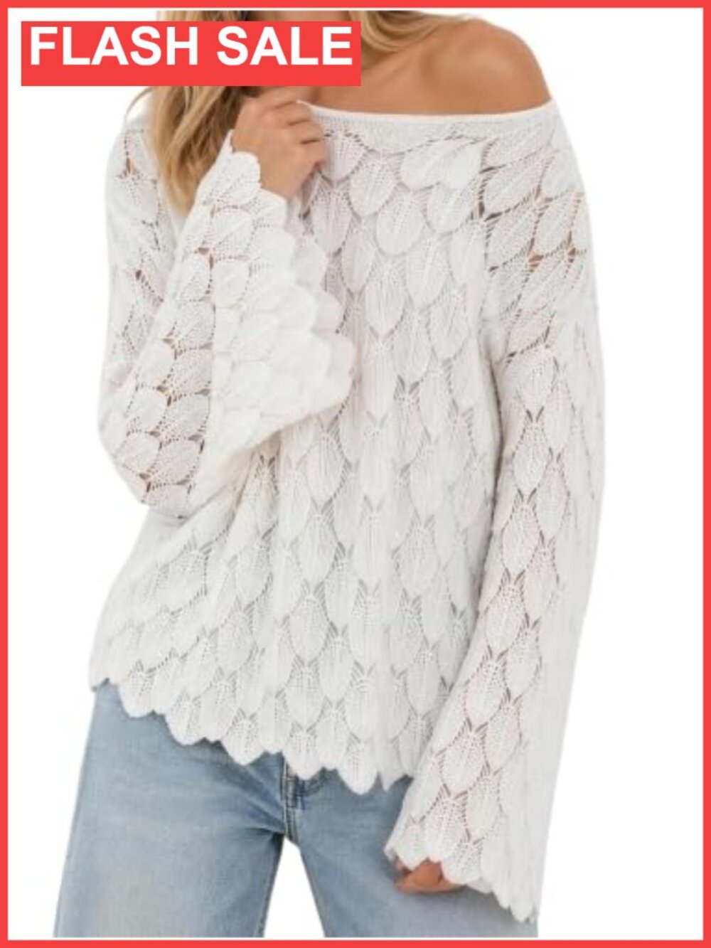 Crochet Hollow Out Knit Top Boat Neck Off Shoulder Long Sleeve Sweater